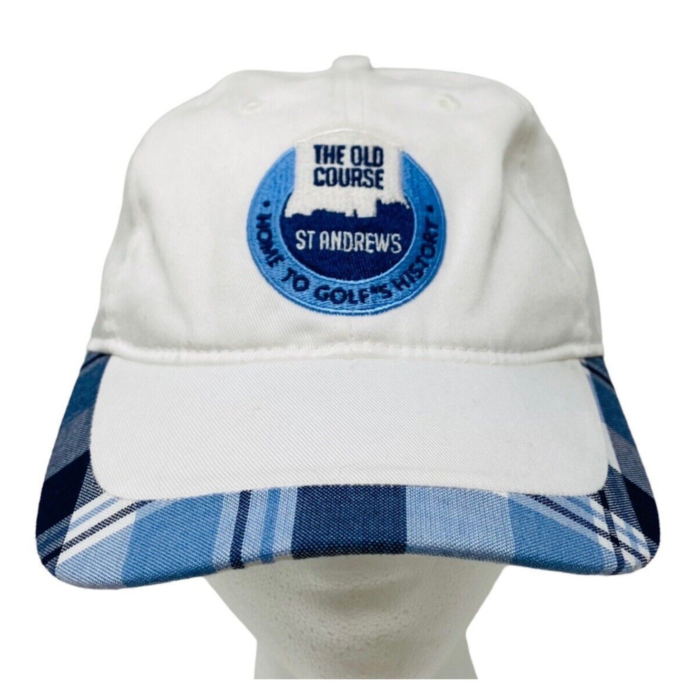 St Andrews The Old Course Scotland Golf Hat White Blue Plaid Size S‎ Back Strap